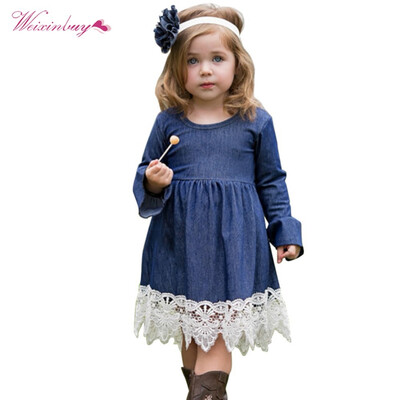 

WEIXINBUY Spring Girls Princess Dress Children Clothing Denim Lace Evening Kids Long Sleeve Party Dresses Baby Girl Costume
