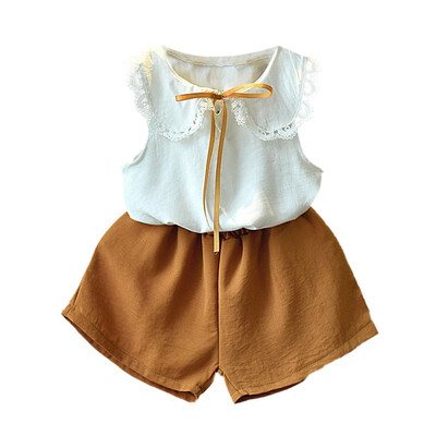 

Baby girl clothes set summer sleeveless doll collar shirt bow-knot tieshorts children girl set two color