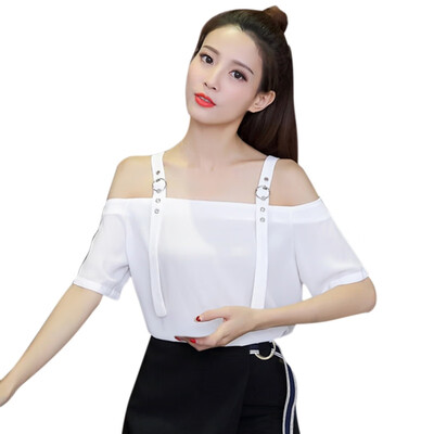 

Fashion Sexy Backless Off Shoulder Chiffon Blouse Female Adjustable Spaghetti Strap Short Tops Slash Neck Short Sleeve Shirt