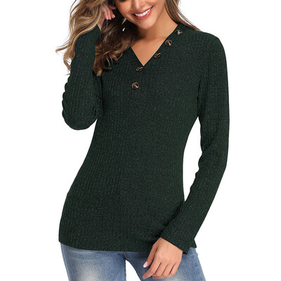 

2019 Hot Sale Women Fashion Casual All-match Autumn And Winter Sweater V-neck Button Long-sleeved Slim Solid Color Sweater