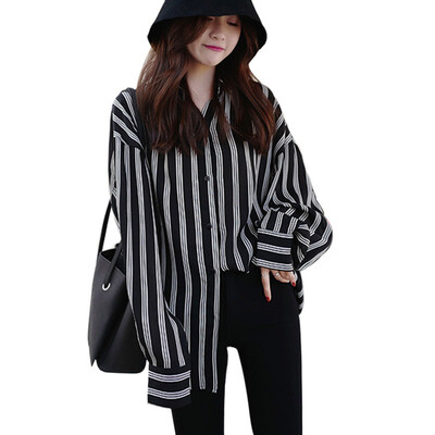 

New Long Sleeve Turn-down Collar Oversize Shirt Women Tops Casual Striped Shirt Blouse Women White Tops Streetwear