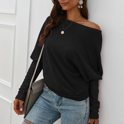 

Tailored Women Slash-Neck Solid Color Long Sleeve Knitted Sweaters Casual Blouse Tops