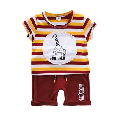 

Boys Striped Giraffe Print Short Sleeve Shorts Set Two Piece Casual Set