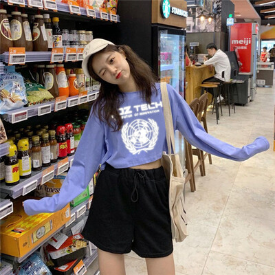 

Women Round Collar Exposed Navel Letter Print Long Sleeved Casual Shirt Wild Tops