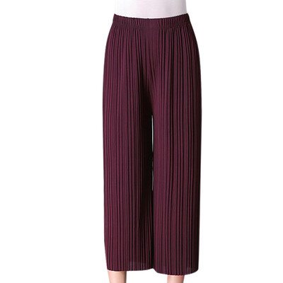 

Wide Leg Pants Women Solid Color Loose Pleated Pants Elastic Mid-Waist Tie Straight Casual Female Pants