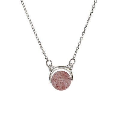 

Silver Cat Crystal Strawberry Pink Crystal Pendant Necklace Charm Clavicle Chain Necklace Jewelry Gifts For Women Girls