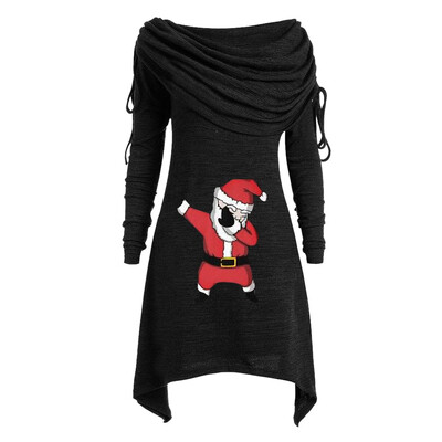 

Tailored Plus Size Womens Santa Claus Printing Ruched Foldover Collar Tunic Long Blouse