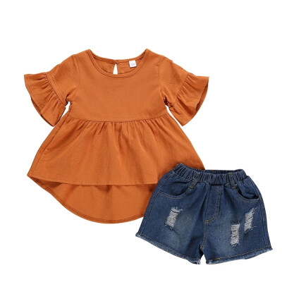 

Summer Baby Girls Clothes Kids Clothes Baby Girls Casual Flare Sleeve Tops T-shirtDenim Shorts Suits Costume Set for Kids