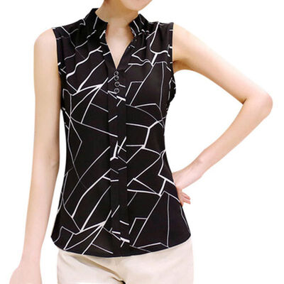 

Women Blouse Tops Chiffon Casual Sleeveless V-Neck Fashion Women Shirt Print Blouses Ladies Blusas White Summer Spring