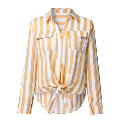 

Women Blouses Autumn Long Sleeve V Neck Lace up Stripe Shirt Casual Tops chemise femme camisas mujer Lady blouses