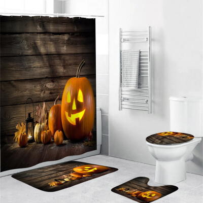 

〖Follure〗Halloween festival 4PCS Non Slip Toilet Polyester Cover Mat Set Bathroom Curtain