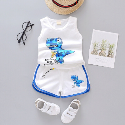 

2PcsSet Summer Children Baby Boys Casual Cotton Sleeveless Cartoon Animal Vest TopsShorts Suits Costume Set