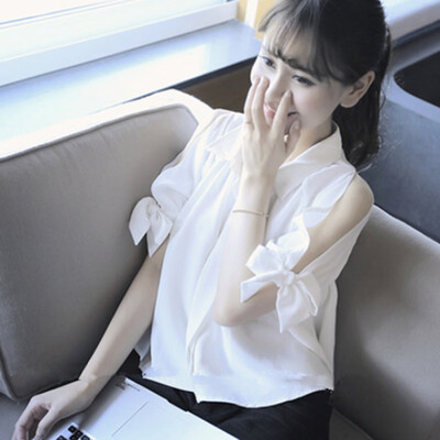 

Women White Shirt Turn-down Collar Women Short Sleeve Top Summer Off the Shoulder Bow Thin Shirt Blouse P4