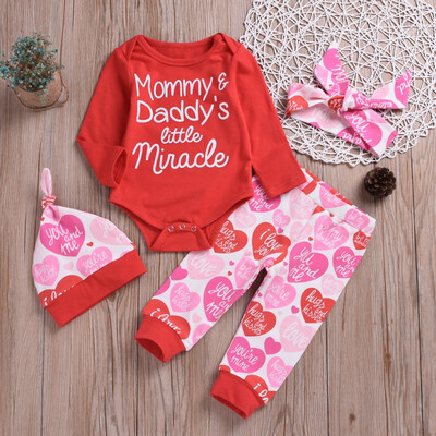 

Valentine Day 4PCS Cute Baby Boys Girls Letter Red Romper Tops Long Sleeve Pants Legging Hat & Headband Outfit Clothes Sets