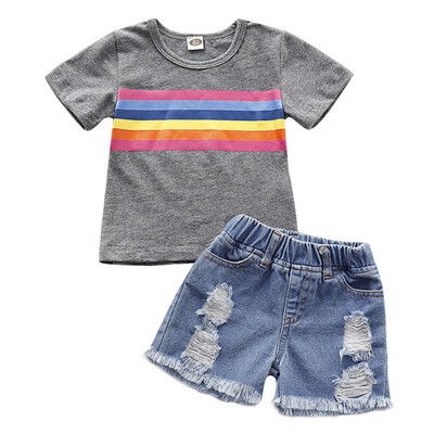 

2PcsSet Summer Children Baby Boys Casual Short Sleeve Striped Print T-shirt TopsDenim Shorts Costume Set