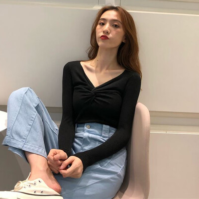 

Fashion Slim Fit Women Casual V-Neck Sweaters Solid Winter Crisscross Knitted T-Shirt Wear Long Sleeve Sweat Shirts