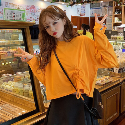 

Women Drawstring Round Collar Exposed Navel Solid Color Long Sleeved Casual Shirt Wild Tops