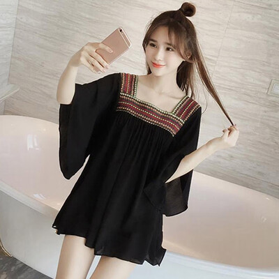 

Women Vintage Square Neck Embroidery Top Flare Sleeve Loose Blouse&Tops