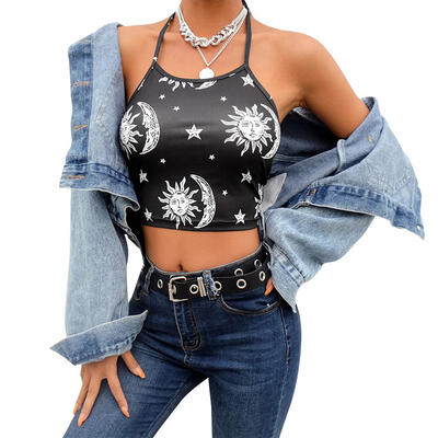 

Summer Spring Women Vest Sleeveless Moon Star Print Halter Sports Crop Tops