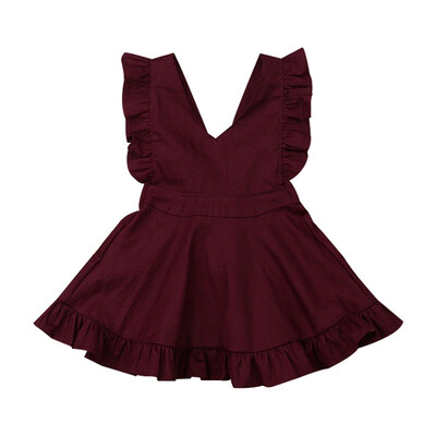 

Lovely Summer New Fashion Baby Girls Casual Cotton V-neck Dress Kids Sleeveless Wine Red Princess Dress