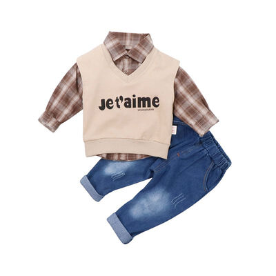 

2Pcs New Autumn Baby Boy Girl Long Sleeve Plaid Shirt Letters Print Vest Denim Trousers Casual Outfits Boy Casual Pants Sets