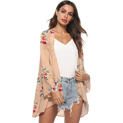 

Ladies Long Sleeve Bohemian Floral Print Irregular Chiffon Cardigan Beach Women Shirt Loose Long Women Blouse Tops Female