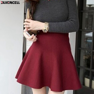 

Spring Summer Casual Sexy Women Mini Skirt High Waisted Flared Pleated Jersey Plain Skater Short Knitted Elastic Skirt
