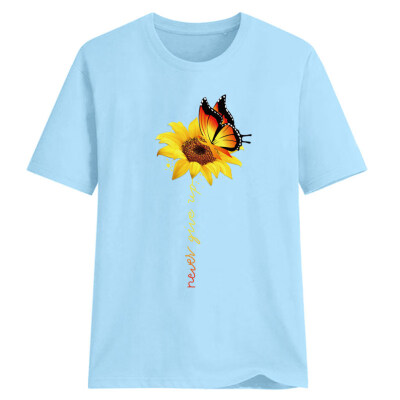 

Never Give Up Letter Butterfly Sunflower Short Sleeve T-Shirt Women Summer Top
