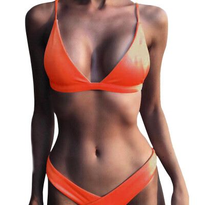 

Women Summer New Style Concise Solid Color Sexy Polyester Sleeveless Low Waist Double-Sided Bikinis Set Beach Vacation