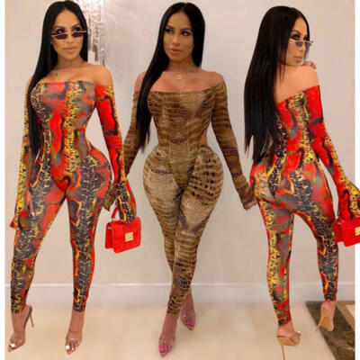 

2019 Women Off Shoulder Long Sleeves Romper Tops Bodycon Jumpsuit Pants Set 2pcs