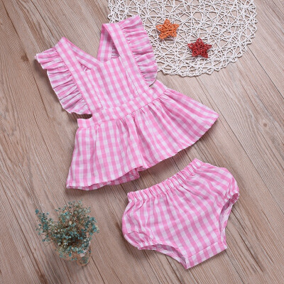 

Summer Baby Girl Sets Casual Sleeveless Strap Cotton Tops Plaid Backless T-shirt Dress With Briefs PP Pants Set