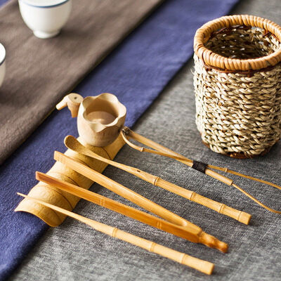 

Handmade Bamboo Cha Dao Set Gongfu Tea Ceremony Utensils Tools in Basket 6 Pcs