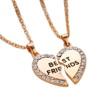 

New Best Friend Heart Silver Tone Rhinestone 2 Pendants Necklace Bff Friendship