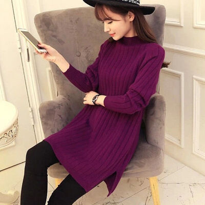 

Autumn Winter Women Mid-long Sweater Ladies Pullover Sweater Solid Color Base Knit Split Dress