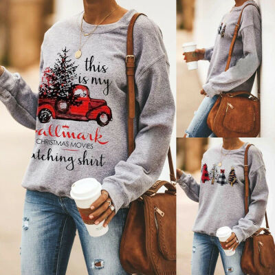 

Women Long Sleeve Sweatshirt Autumn Crew Neck Christmas Tree Sports Tops New