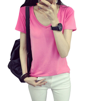 

Solid Color Summer Slim Fit Basic Top Casual Women V Neck Short Sleeve T-Shirt