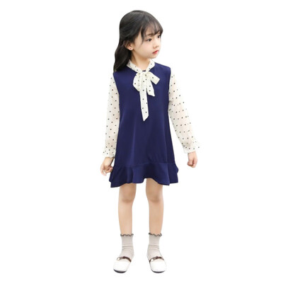 

2019 Autumn Casual Baby Girls Dot Print Long Sleeve Fake 2 Piece Design Dress Kids Toddler Sundress