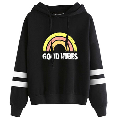 

New Women Fashion Letter Printed Vibes Hoodie Casual Rainbow Printing Long Sleeve Hooded Pullover Sweatshirt