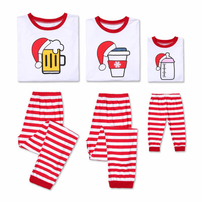 

New Family Matching Christmas Warm Pajamas Long Sleeve Beverage Printed Tops&Striped Pants Sleepwear Set