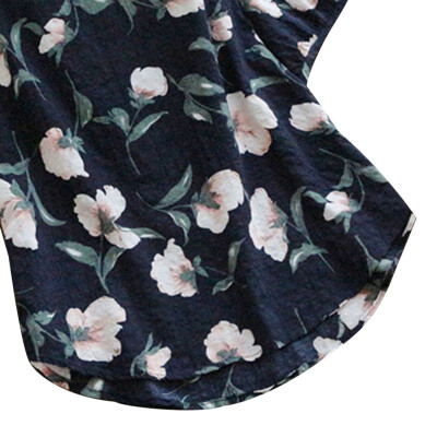 

Womens Floral Print V-Neck Short Sleeve Cotton & Linen Blouse