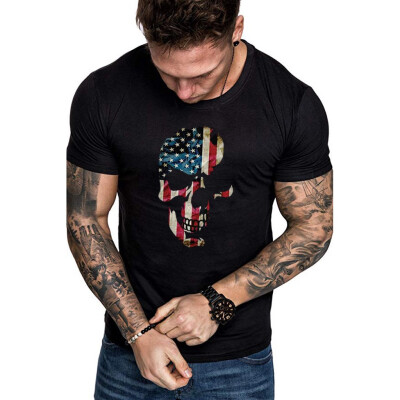 

Toponeto Mens Summer Skull Print Round Neck Slim Fit Short Sleeve Top Shirt Blouse