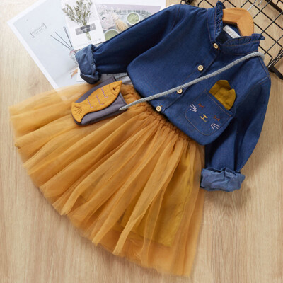 

Baby Girls Casual Autumn Long Sleeve Denim Shirt Tops BlouseMesh Design SkirtsCartoon Bag Suits Costume Set