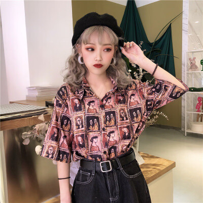 

Vintage Blouse Women Fashion Character Printed Blouses Streetwear Short Sleeve Turn Down Collar Shirt Women Casual Loose Tops