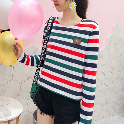 

2018 Autumn New Womens Clothing Large Size Was Thin Bottoming Shirt Female Small Striped Long-sleeved T-shirt