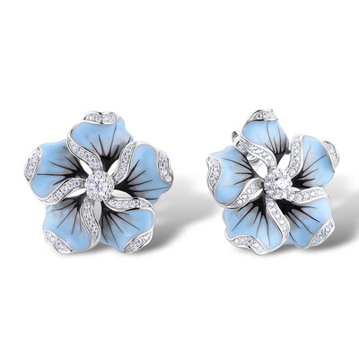 

2019 New Arrival Blue Flower Shape Stud Earrings Round Zircon Jewelry Fashion Women Girl Ear Accessories