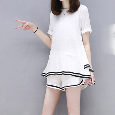 

Summer Women Set Two Piece Set Fashion O-Neck Top Shorts Loose Black White Plus Size Women Sets