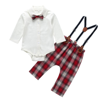 

Autumn Baby Boy Set Casual Long Sleeve Cotton Romper Tops Strap Plaid Printed Pants Outfits Set