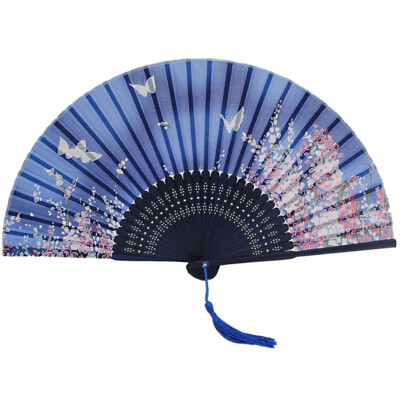 

Silk Chinese Fan Folding Hand Held Silk Bamboo Prints Fan Japanese Series Vintage Retro Style Handmade BlueHand Fan