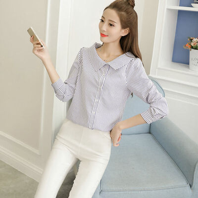 

Fashion Women Striped Long Sleeve Blouse Shirt Casual Lapel Short Sleeve Blusas Korean Femme Spring Ladies Office Blouses Tops