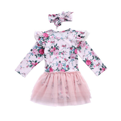 

Baby Girls Dress Long Sleeve Floral Party Pageant Dress New Autumn Mesh Fluffy Girl Romper DressHeadband 2pcs 0-2T